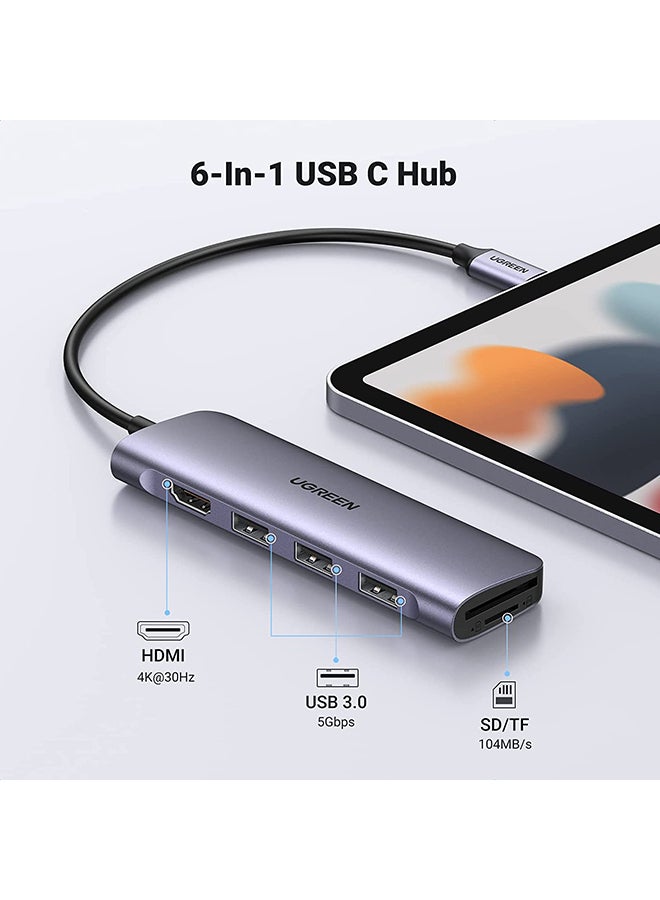 6 in 1 USB C Hub Multiports Type C Dock to HDMI Adapter with 4K HDMI  SD TF Card Reader Slot 3 USB 3.0 Ports for MacBook Pro/Air Galaxy S20+ iPad Pro 2021 etc Silver 