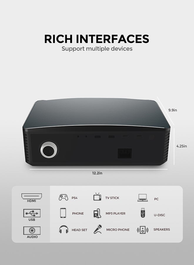 Wownect - Android 9.0 Tv 1080P 550 Ansi/Screen Size To 250 Inch For Small Big Room Download App Bluetooth Wifi Home Theater Outdoor Gaming Projectors With Hdmi/Usb/Av Ports PROJ-WO-68-B_SCR-05 Black - Image 1