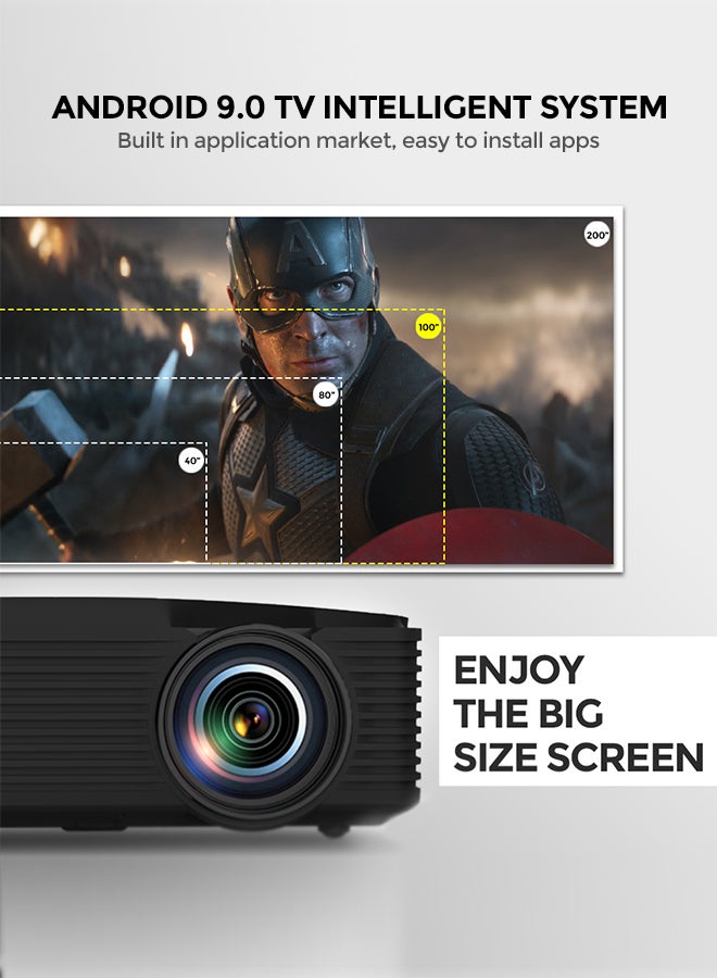 Wownect - Android 9.0 Tv 1080P 550 Ansi/Screen Size To 250 Inch For Small Big Room Download App Bluetooth Wifi Home Theater Outdoor Gaming Projectors With Hdmi/Usb/Av Ports PROJ-WO-68-B_SCR-05 Black - Image 1