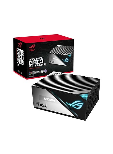 وحدة إمداد الطاقة Rog Thor بقدرة 1200 وات بلاتينيوم II ATX، وكفاءة بلاتينية 80 بلس، ومزامنة ARGB Aura، ونطاق إدخال تيار متردد 100-240 فولت تيار متردد، وإجمالي إخراج 1200 وات | 90YE00L0-B0NA00