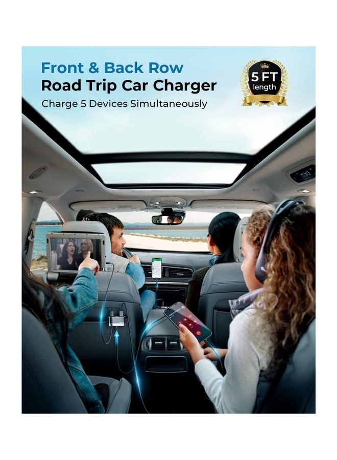 JOYROOM 5 USB Car Phone Charger Adapter For Multiple Devices 12V 5FT Cable Front And Back Seat Charging Compatible With Samsung iPhone Black  - Image 3