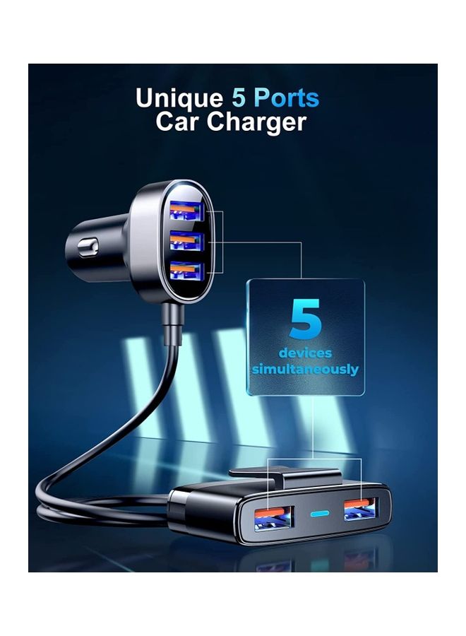 JOYROOM 5 USB Car Phone Charger Adapter For Multiple Devices 12V 5FT Cable Front And Back Seat Charging Compatible With Samsung iPhone Black  - Image 5