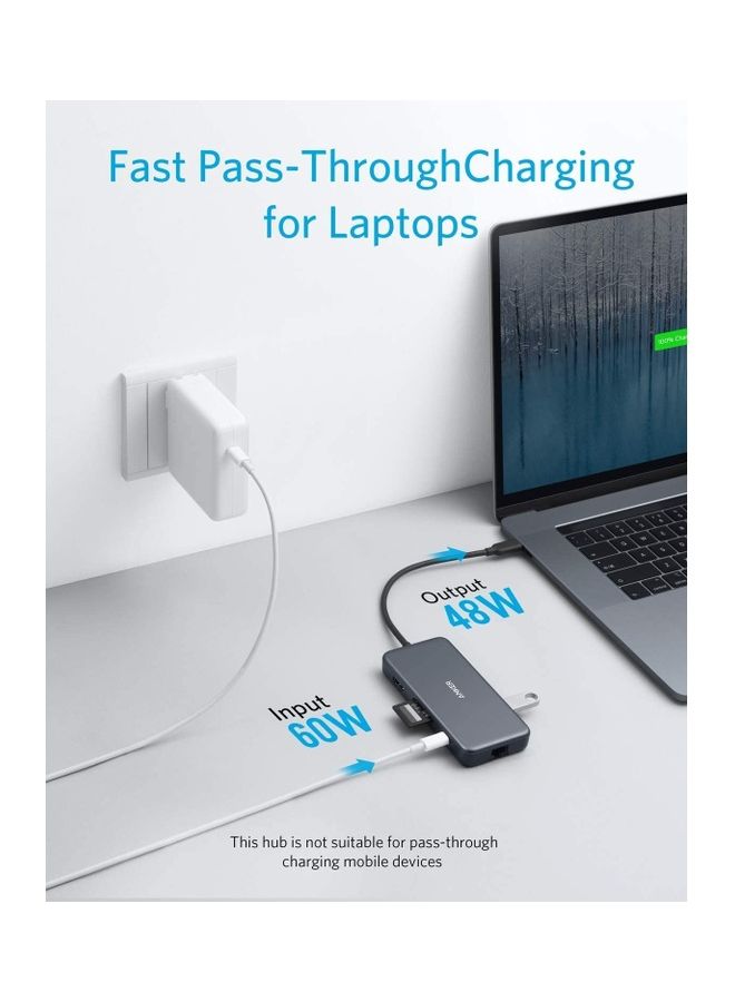 محول موزع بمنفذ USB C، باور إكسباند بلس 7 في 1 بمنفذ USB C إلى HDMI بجودة 4K ويدعم تقنية PD وبقدرة 60 وات وبشبكة إيثرنت بسرعة 1 جيجابت في الثانية، وبمنفذين USB 3.0، وقارئات بطاقات SD وSD ميكرو، لأجهزة ماك بوك برو وأجهزة اللابتوب الأخرى بمنفذ USB C رمادي