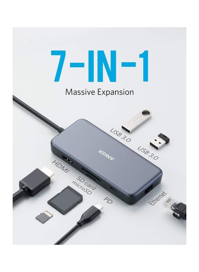 محول موزع بمنفذ USB C، باور إكسباند بلس 7 في 1 بمنفذ USB C إلى HDMI بجودة 4K ويدعم تقنية PD وبقدرة 60 وات وبشبكة إيثرنت بسرعة 1 جيجابت في الثانية، وبمنفذين USB 3.0، وقارئات بطاقات SD وSD ميكرو، لأجهزة ماك بوك برو وأجهزة اللابتوب الأخرى بمنفذ USB C رمادي
