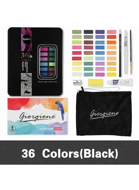 36 Colors Solid Watercolors Paints Set Pigment Drawing Painting With Water Brush Paintbrush Pencil Sponge Watercolor Paper For Artists Beginners Students Adults Black