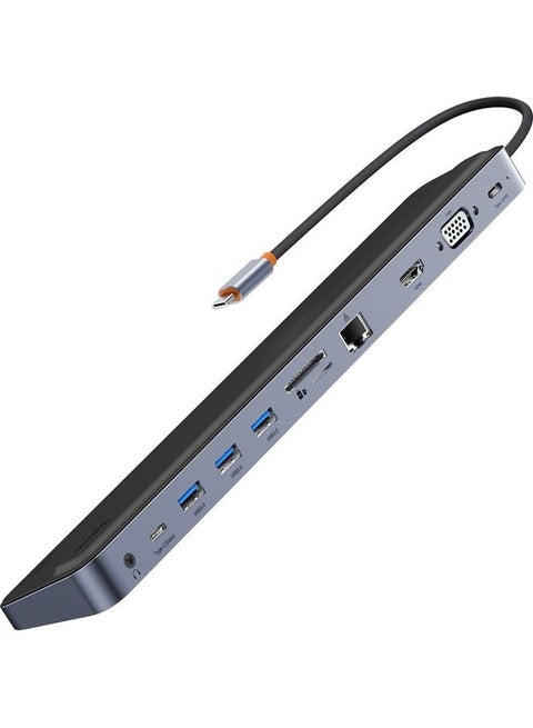 موزع USB C دونجل 11 في 1، مع منفذ إيثرنت، ومنفذ 4K HDMI، ومنفذ VGA، ومنفذ توصيل الطاقة PD، ومنافذ USB 3.0، ومنفذ 3.5 مم، وفتحة قارئ بطاقات SD/TF، وإيثرنت RJ45، ومنفذ AUX مقاس 3.5مم، هذا الموزع متوافق مع ماك بوك برو/آير، وأجهزة لابتوب أخرى Type C لون رمادي