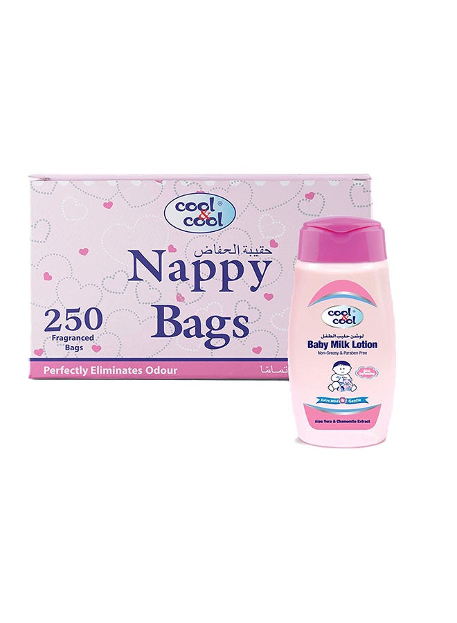 Cool & Cool Nappy Bags 250's Plus Baby Milk Lotion 100Ml - Image 1