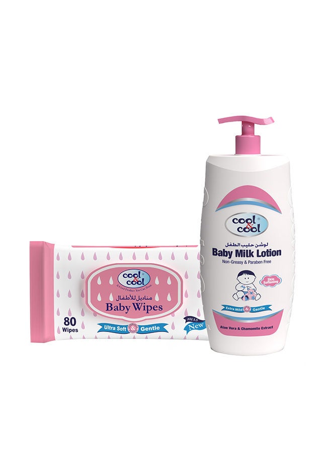 Cool & Cool Baby Milk Lotion 500ml + Baby Wipes 80's  - Image 1