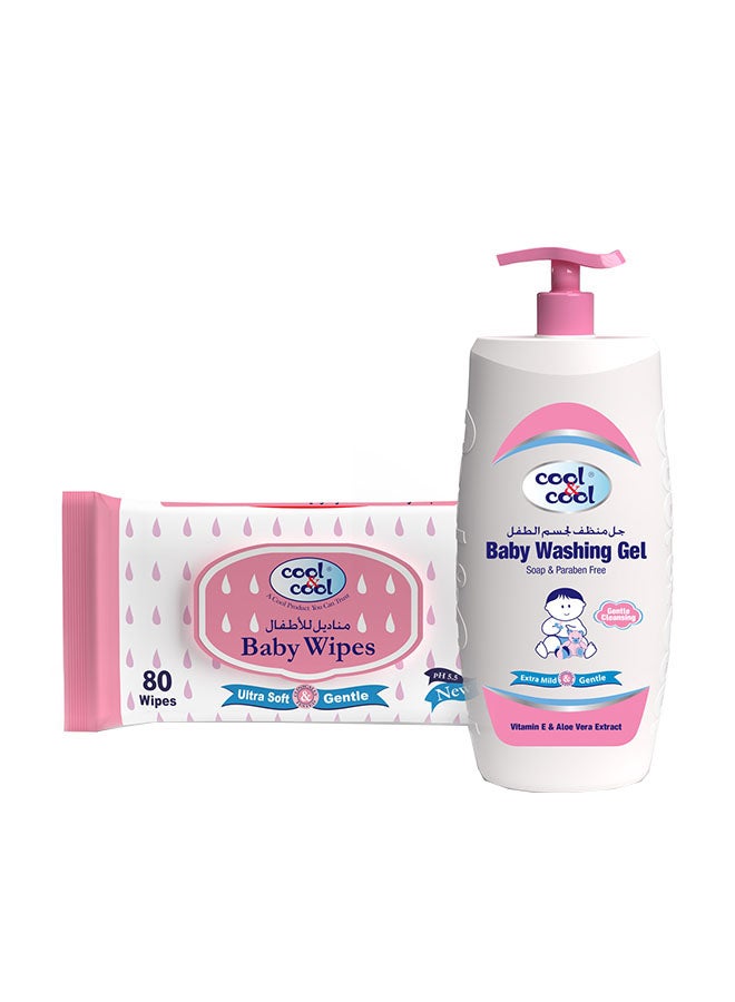 Cool & Cool Baby Washing Gel 500ml + Baby Wipes 80's - Image 1