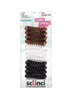 12-Pieces Dent-Free Hold Spirals Wristie Hair Tie Set Black/White/Brown