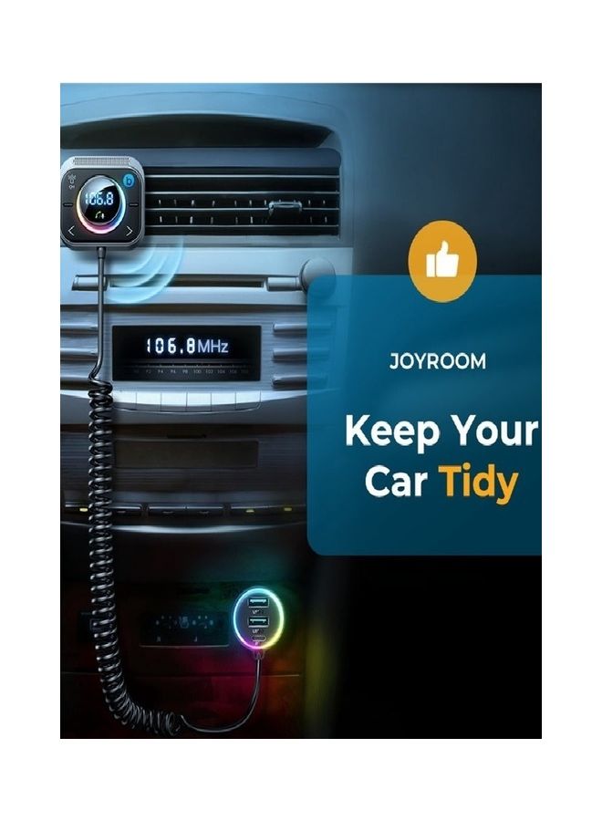JOYROOM - 30W PD Type-C USB Car Charger LED Display Bluetooth Adapter FM Transmitter With Coiled Cable Black - Image 1