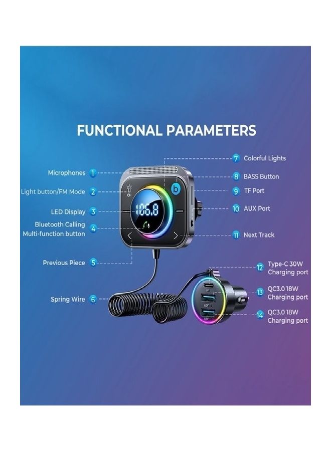 JOYROOM - 30W PD Type-C USB Car Charger LED Display Bluetooth Adapter FM Transmitter With Coiled Cable Black - Image 1