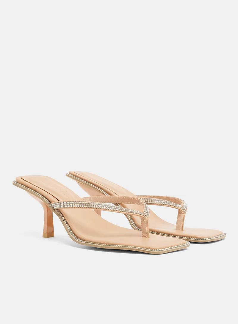 LABEL RAIL Diamante Kitten Heel Sandals Nude
