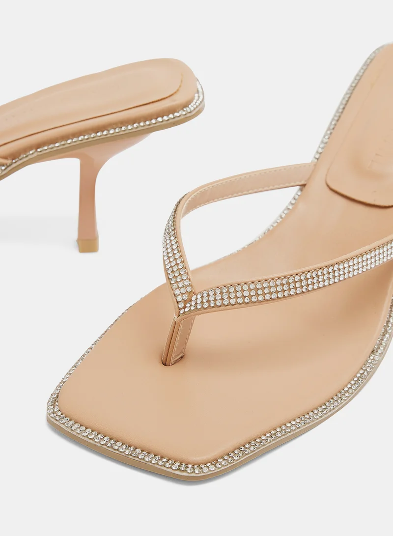 LABEL RAIL Diamante Kitten Heel Sandals Nude