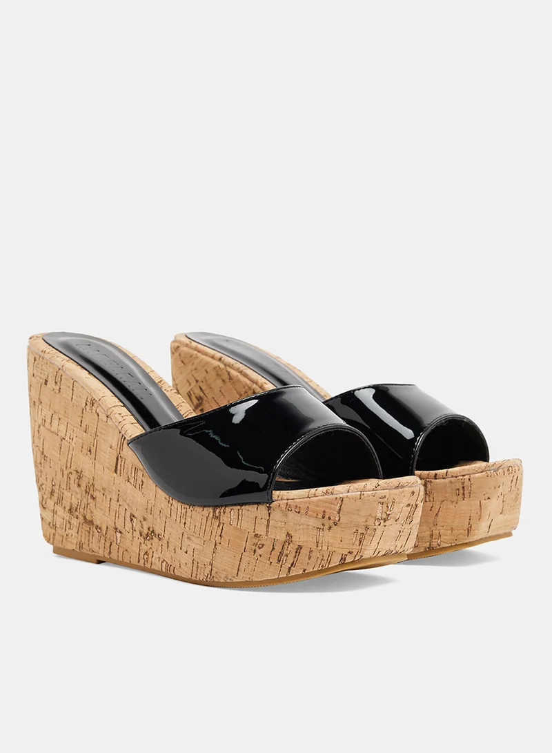 LABEL RAIL Cork Wedge Heel Sandals Black