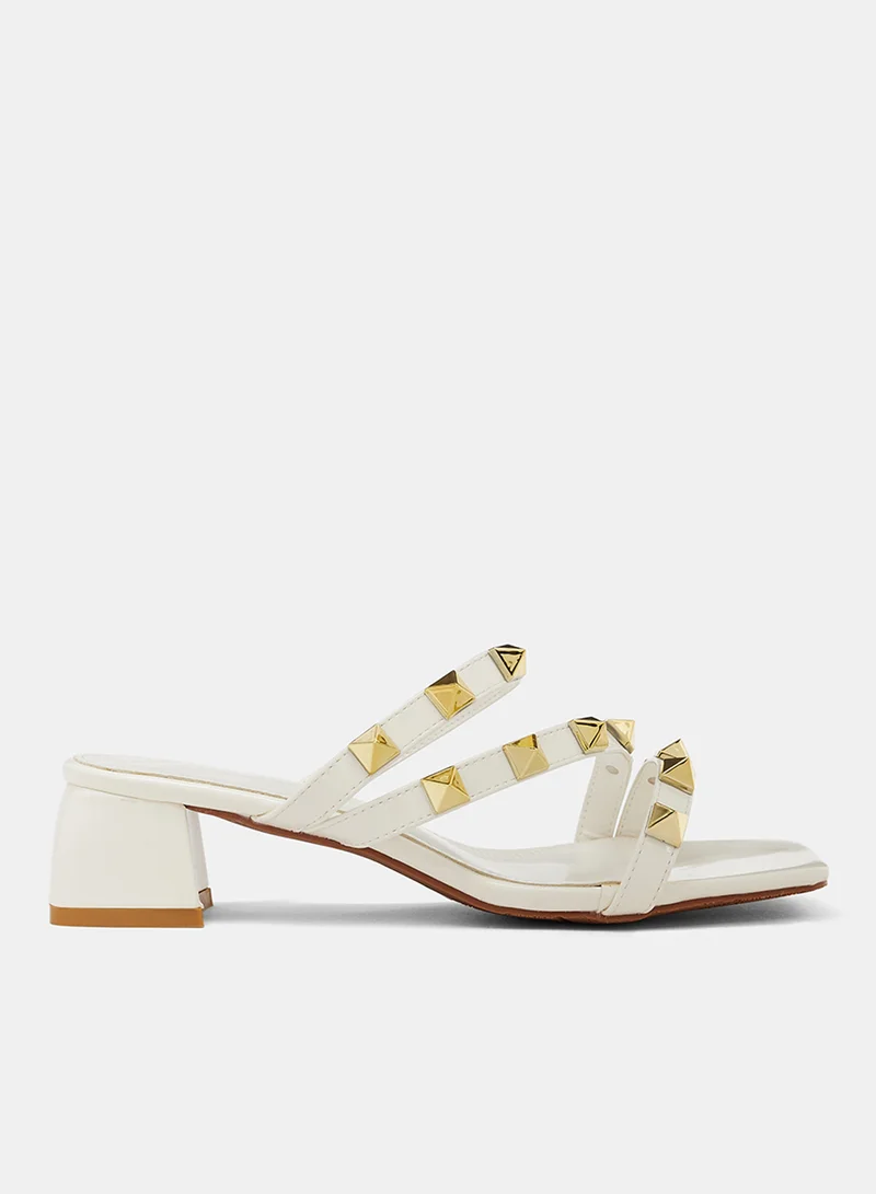 LABEL RAIL Studded Block Heel Sandals White