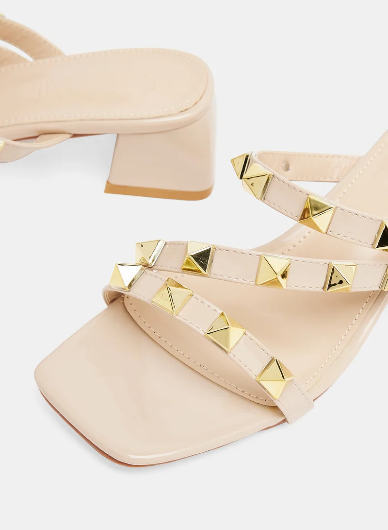 LABEL RAIL Studded Block Heel Sandals Apricot