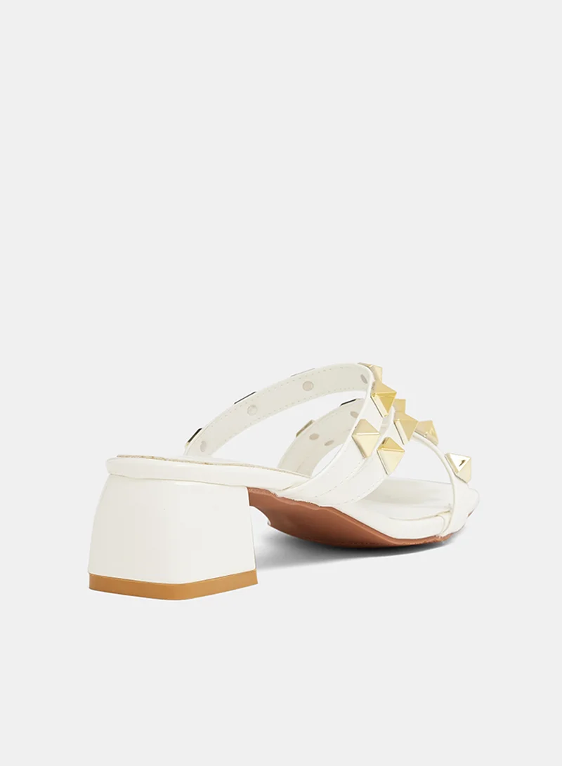 LABEL RAIL Studded Block Heel Sandals White