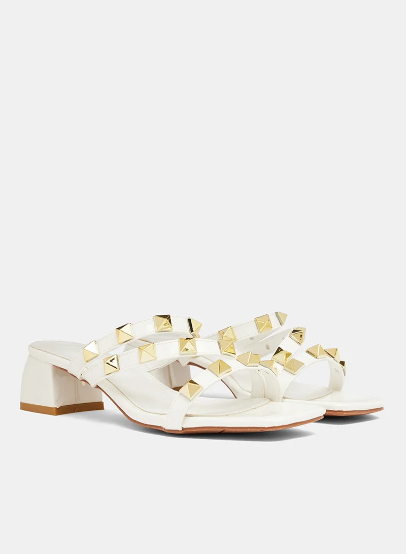 LABEL RAIL Studded Block Heel Sandals White