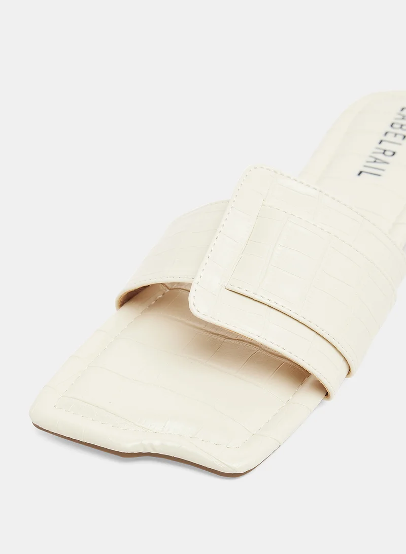 LABEL RAIL Croc Square Flat Sandals White