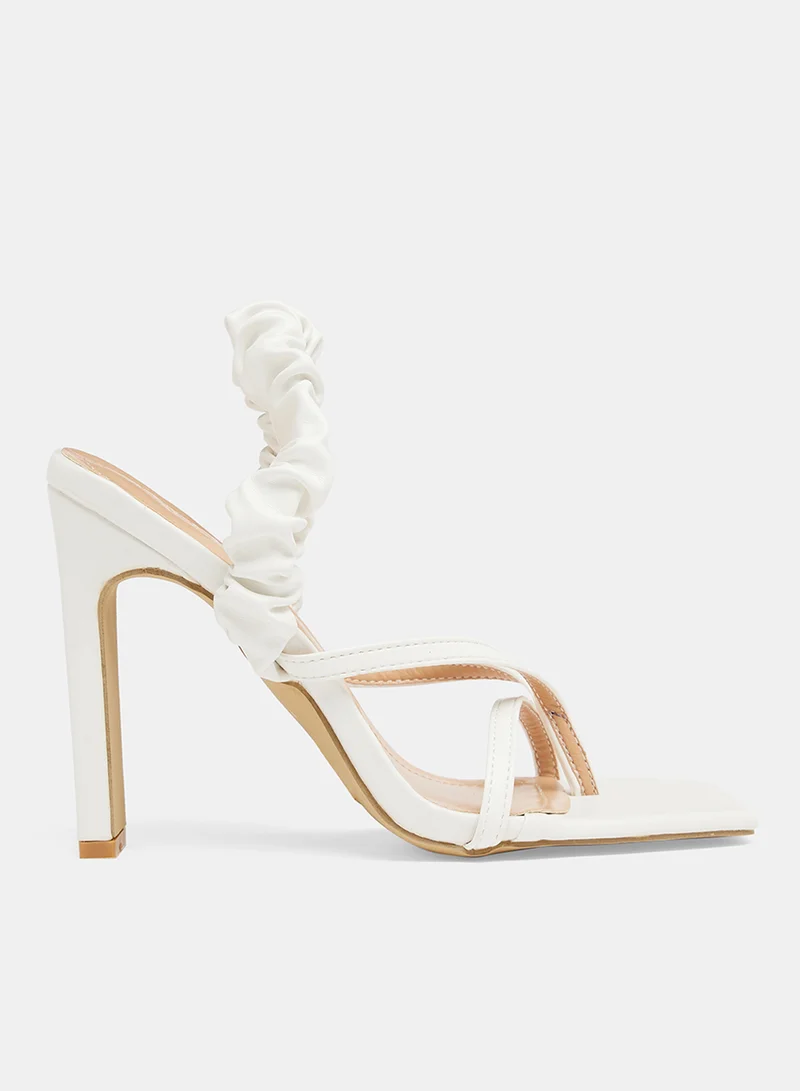 LABEL RAIL Ruched Block Heel Sandals White