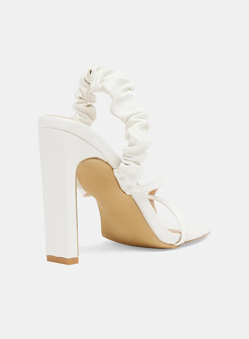 LABEL RAIL Ruched Block Heel Sandals White