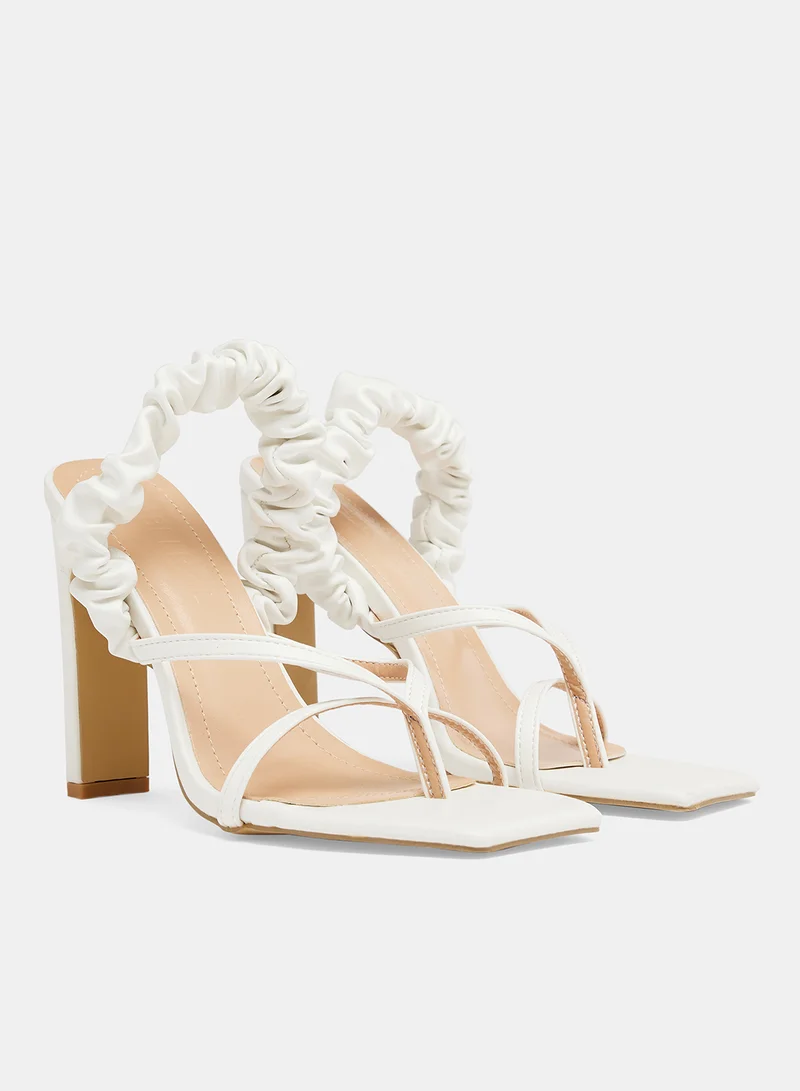 LABEL RAIL Ruched Block Heel Sandals White