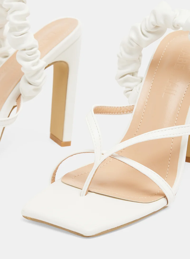 LABEL RAIL Ruched Block Heel Sandals White