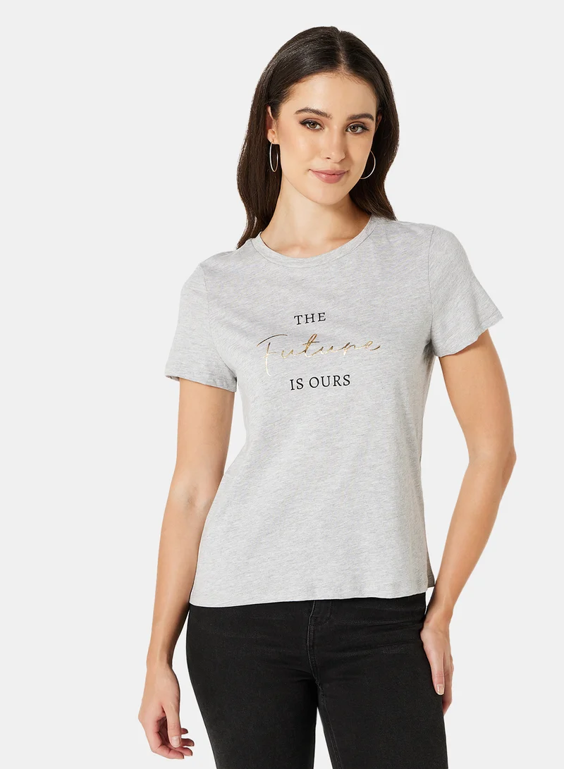 I.Scenery Basic Text Print T-Shirt Grey