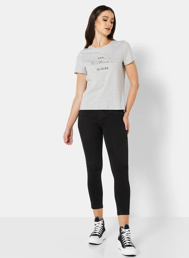 I.Scenery Basic Text Print T-Shirt Grey