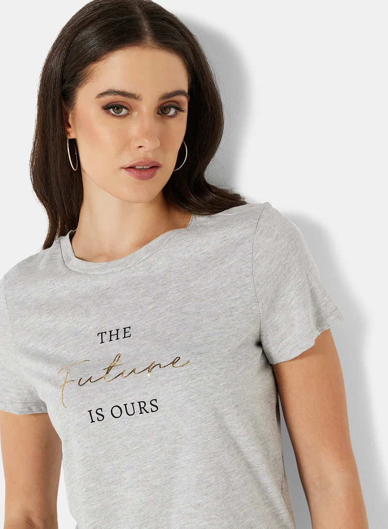 I.Scenery Basic Text Print T-Shirt Grey