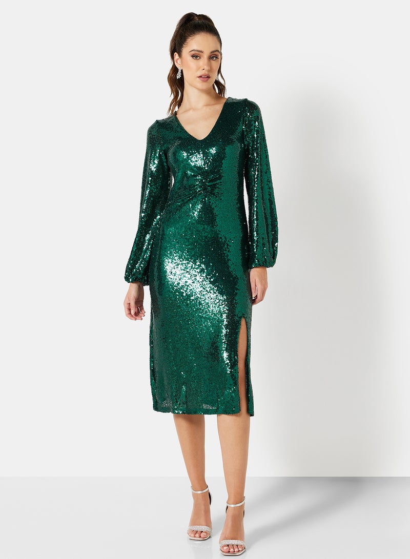 I.Scenery - Sequin Front Slit Midi Dress Sea Moss - Image 1