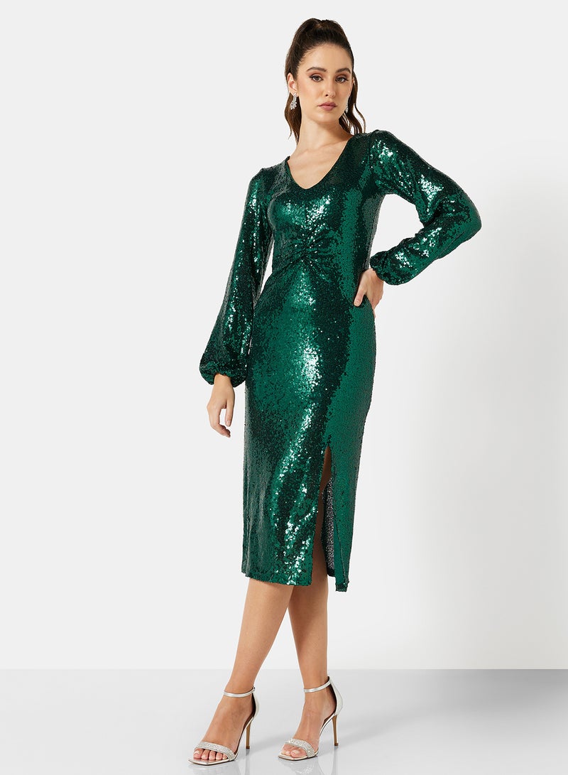 I.Scenery - Sequin Front Slit Midi Dress Sea Moss - Image 1