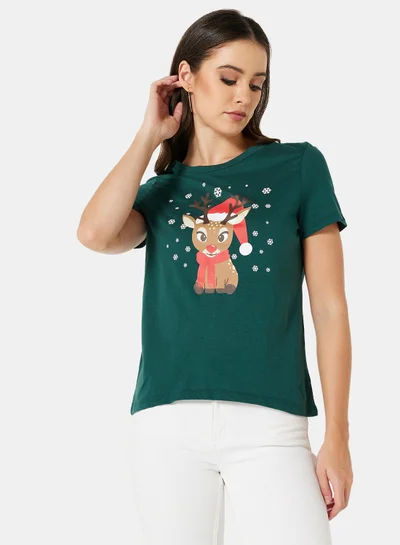 I.Scenery Reindeer Graphic Christmas T-Shirt Green