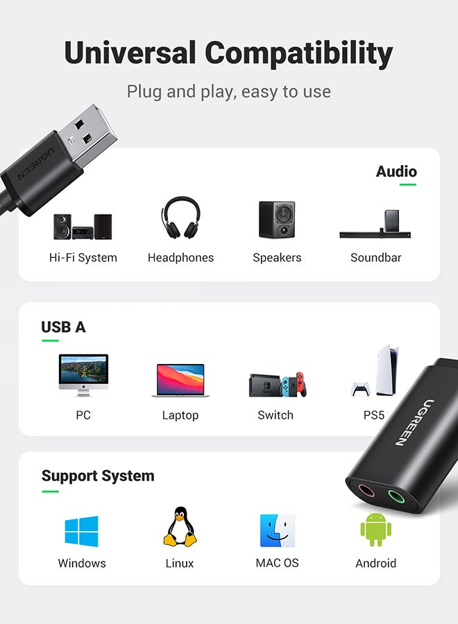 Ugreen - USB Audio Adapter External Stereo Sound Card With 3.5mm Headphone And Microphone Jack Black - Image 1
