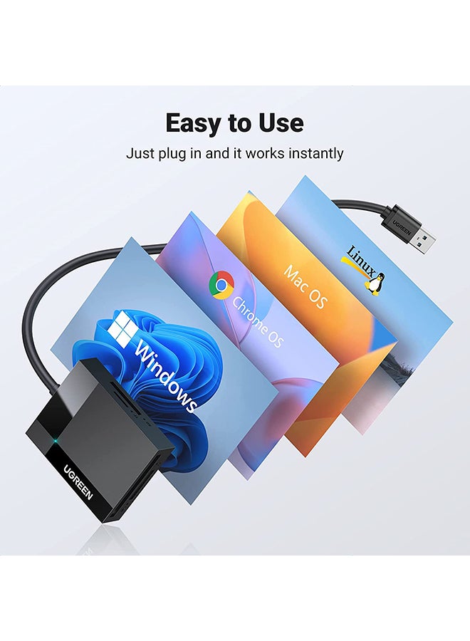 Ugreen - SD Card Reader USB 3.0 Read 4 Cards Simultaneously CF CFI TF SDXC SDHC SD MMC Micro SDXC Micro SD Micro SDHC MS UHS-I for Windows Mac Linux Black - Image 1