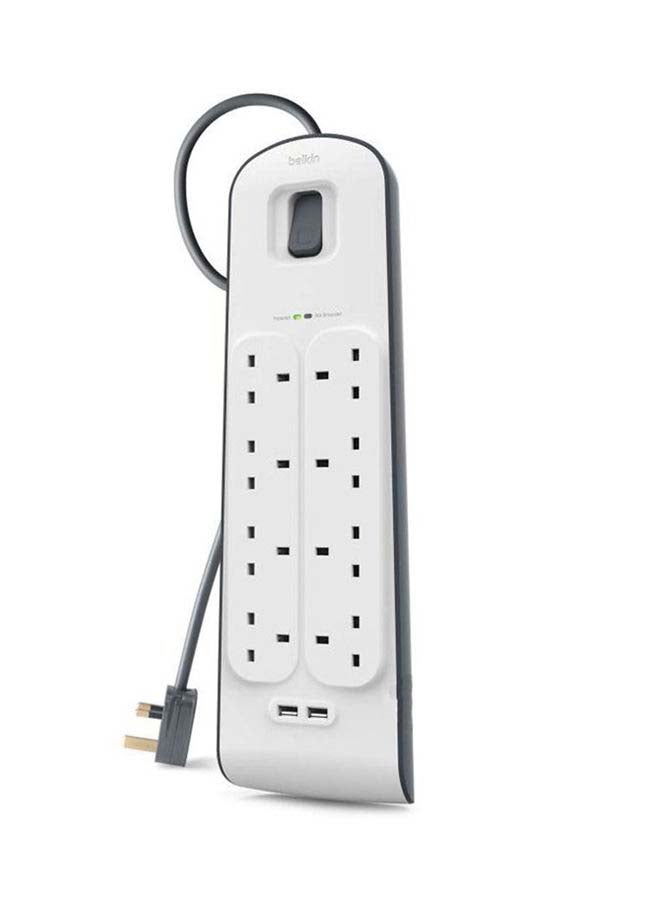 belkin 8 Way 8 Plug 2M Cord Power Extension   Home Charger Electrical Extension Socket With 2 X 2.4 A Shared USB Ports   White White  - Image 1
