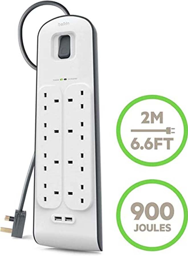 belkin 8 Way 8 Plug 2M Cord Power Extension   Home Charger Electrical Extension Socket With 2 X 2.4 A Shared USB Ports   White White  - Image 3
