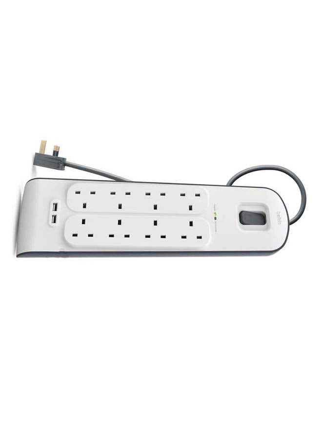 8 Way 8 Plug 2M Cord Power Extension   Home Charger Electrical Extension Socket With 2 X 2.4 A Shared USB Ports   White White