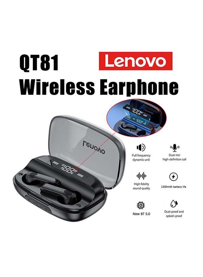 Lenovo - QT81 Wireless Earphone Touch Button Hifi Stereo Earbuds 40mAh Battery BT 5.0 Waterproof Headphones With Mic Black - Image 1