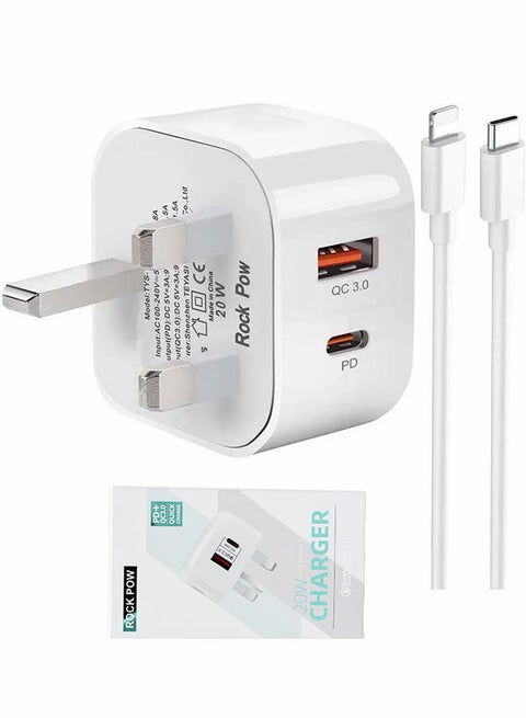20W USB Type C PD 3.0 Power Adapter Wall Charge and Lead Charging with Phone Fast Charger USB C Plug and Cable 1M,  for iPhone 12/12 Pro/12 mini/12 Pro Max/11 Pro Max SE 2020 X XR XS 8 iPad White