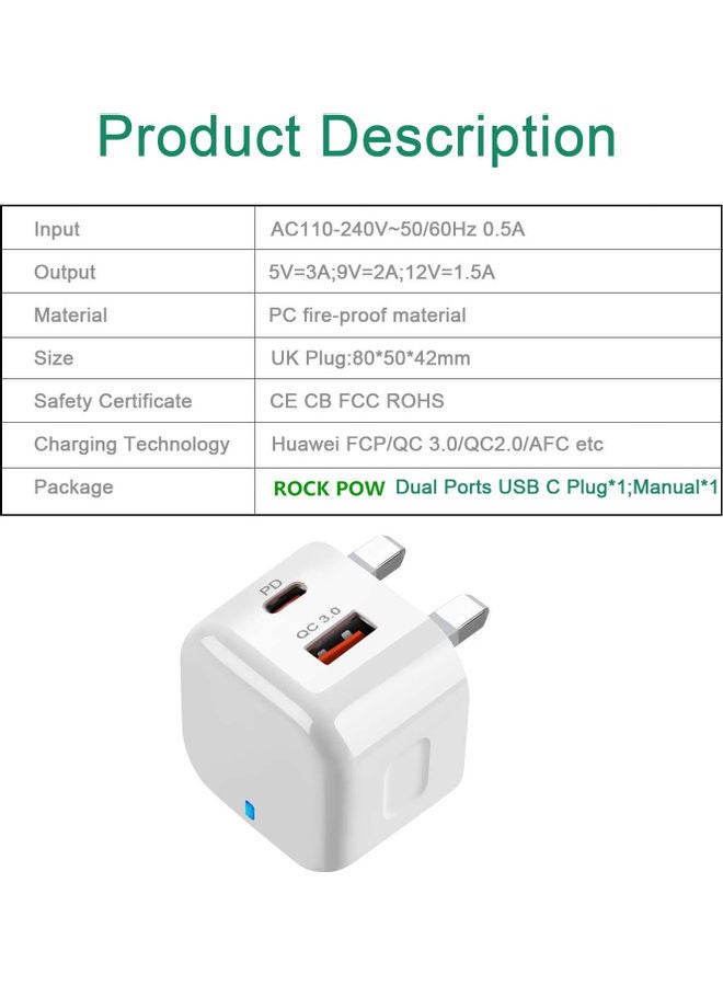 Rock Pow - 20W USB Type C PD 3.0 Power Adapter Wall Charge and Lead Charging with Phone Fast Charger USB C Plug and Cable 1M,  for iPhone 12/12 Pro/12 mini/12 Pro Max/11 Pro Max SE 2020 X XR XS 8 iPad White - Image 1