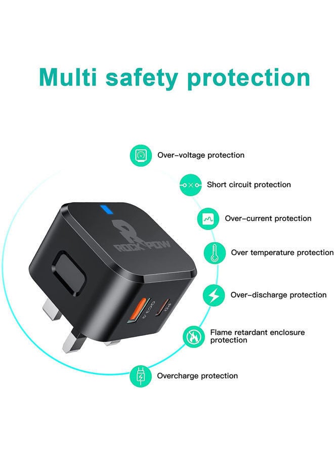 Rock Pow 20W UK Adapter Type C USB-C Plug Fast Charger Fast Charging for iPhone 13/13 Mini/13 Pro/13 Pro Max/12/12 Pro/12 Pro Max/12 Mini/SE 2020/11/11 Pro Max,iPad Air 4 Black  - Image 2