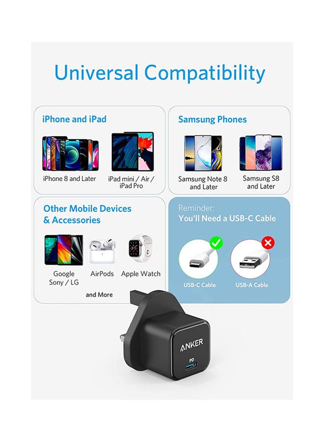 Anker - USB C Charger, 20W Fast Charger, PowerPort III 20W Cube Charger For iPhone 12/12 Mini/12 Pro/12 Pro Max/11, Galaxy, Pixel 4/3, iPad Pro And More Cable Not Included Black - Image 1