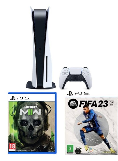 جهاز ألعاب بلايستيشن 5 (نسخة القرص) مع ذراع تحكم + لعبة "FIFA 23"  للبلايستيشن 5 (النسخة العربية) + لعبة "Call of Duty Call of Duty": "Modern Warfare II" للبلايستيشن 5 (التسخة العربية)