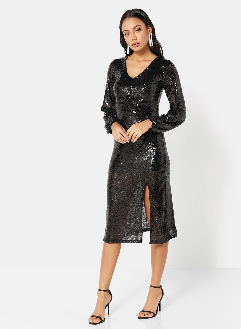I.Scenery - Sequin Front Slit Midi Dress Black - Image 1