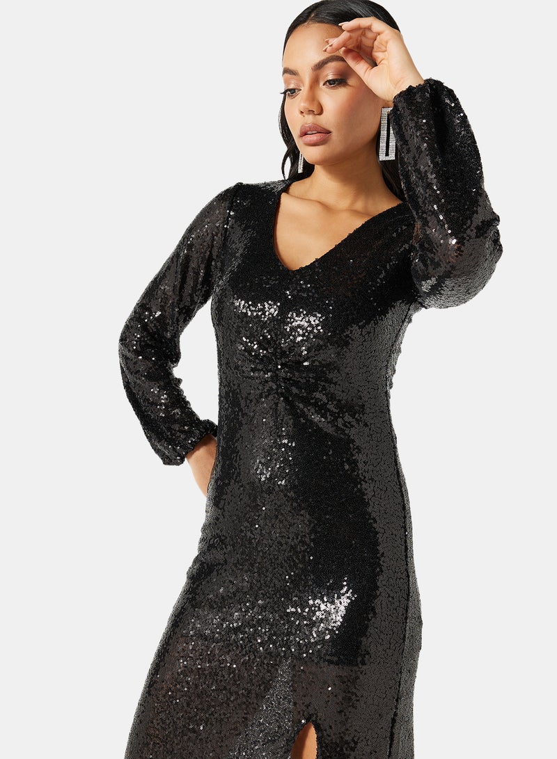 I.Scenery - Sequin Front Slit Midi Dress Black - Image 1