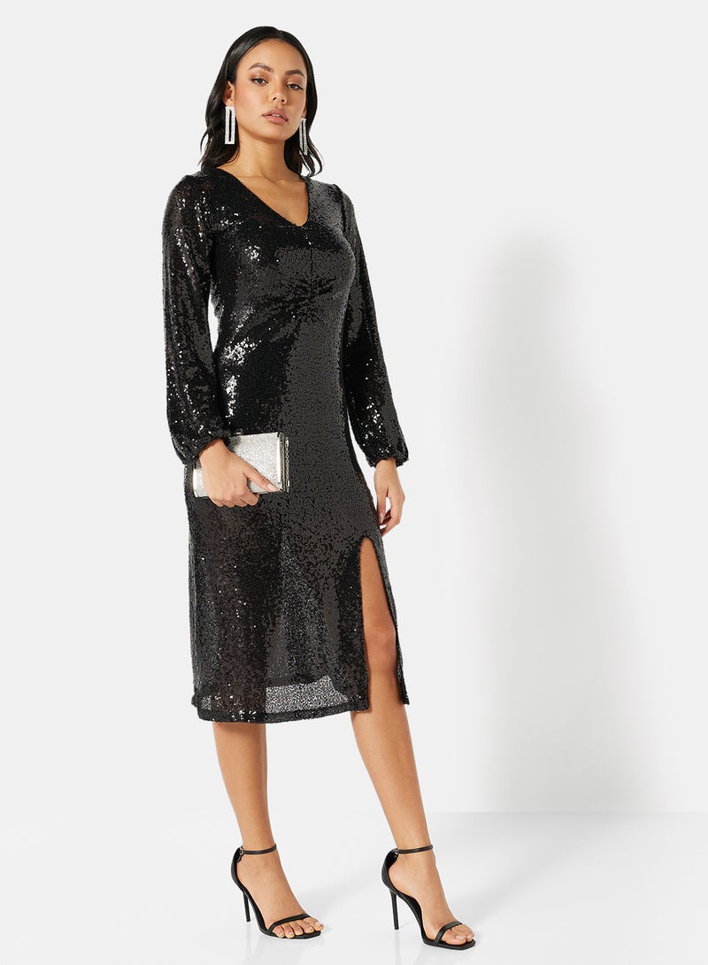 I.Scenery - Sequin Front Slit Midi Dress Black - Image 1