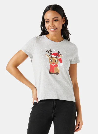 I.Scenery Reindeer Graphic Christmas T-Shirt Grey