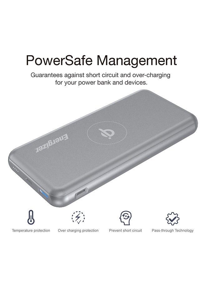 Energizer - 10000 mAh Ultimate Qi Wireless Power Bank, Dual Outputs, USB-C Power Delivery Output For iPhone/ iPad, 18W Smart USB-A Fast Charging For Samsung Huawei, Redmi, OnePlus, Oppo, Vivo, Quick Recharging, LED Indicator, PowerSafe Management, 18W Grey - Image 1
